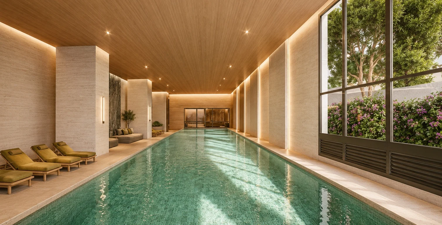 Piscina coberta com raia de 25 metros do Le Six Ibirapuera